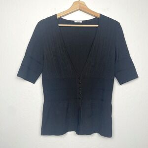 Wolford Ribbed Viscose Blend Short Sleeve Button Front Top Black Size Small